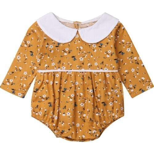 0-18M Cute Newborn Baby Girl Long Sleeve Peter Pan Collar Floral Romper Jumpsuit Playsuit Outfits Princess Girls Clothes