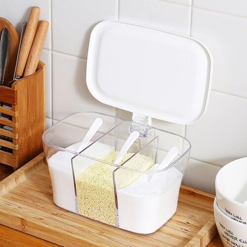 3 Grids Herb Sugar Salt Seasoning Box with Spoon Lid Kitchen Cooking Condiment Jar Storage Box Herb Spice Tools Household