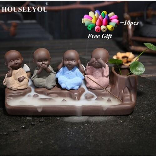 10Pcs Incense Cones + Little Monks Backflow Incense Burner Buddha Buddhism Aroma Censer Stick Holder Home Office Tea Room Decor