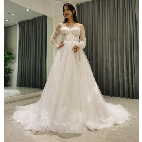 AmL 8381 wedding dress boho online shop celebrity Summer long sleeve tulle white lace gown simple civil clear Elegant beach