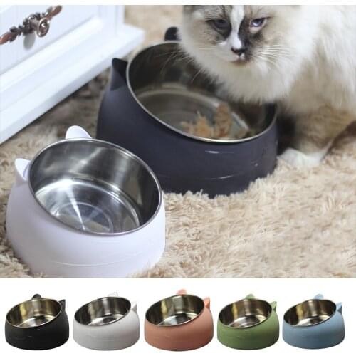 Cat Dog Bowl 15 Degrees Tilted Stainless Steel Pet Bowl Safeguard Neck Non-slip Feeder Stuff Food Storage For Cat Accessories
