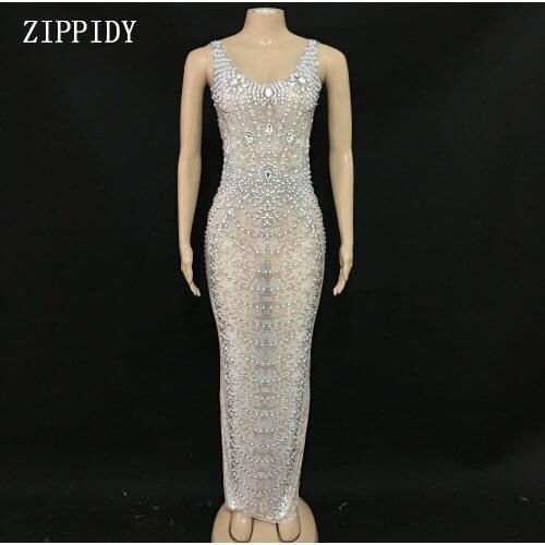Fashion Sparkly Pearls Crystals Mesh Long Dress Womens Birthday Celebrate See Through Lace Stage Costume Dance Outfit YOUDU