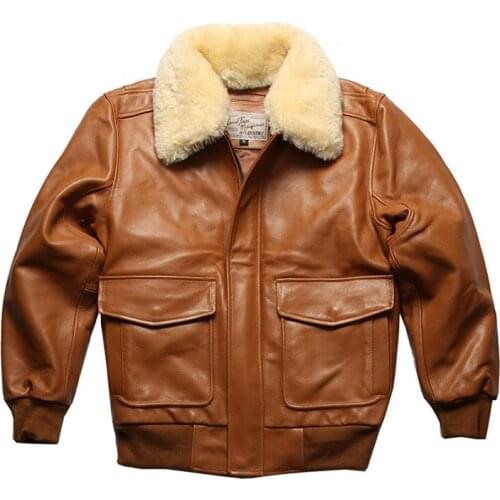 2021 New European and American Flight Suit Genuine Leather Jacket Mens Sheepskin Collar Thickened First Layer Cowhide Jacket