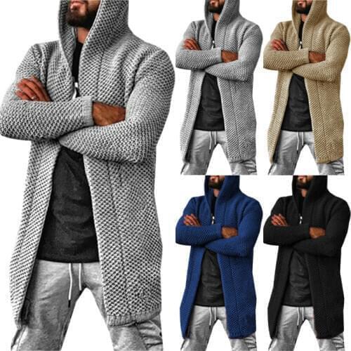 Mens Cardigan Knitted Long Sleeve Sweater Jacket Casual Winter Warm Coat Outwear Mens Solid Color Hooded Sweater Plus Size
