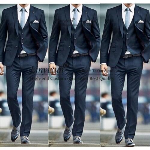 New Fashion 2021 Navy Men Suits for Wedding Groom Tuxedos Classic outfit Man Blazers 3 Pieces Groomsmen Wear (jacket pant vest)