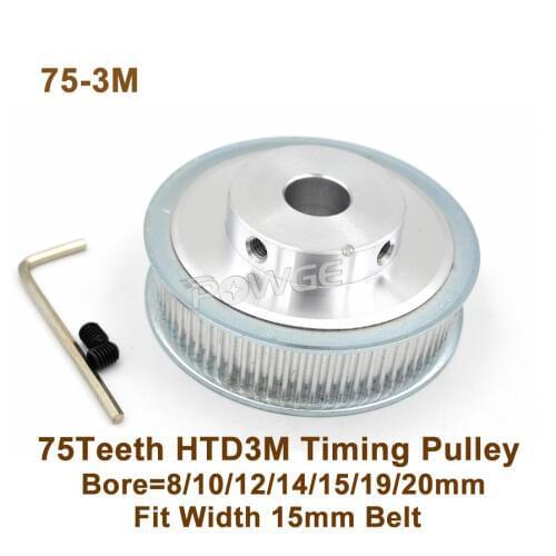 POWGE 75 Teeth 3M Timing Pulley Bore8/10/12/14/15/19/20mm Fit W=15mm 3M Synchronous Belt 75T 75Teeth HTD3M Pulley 75-3M