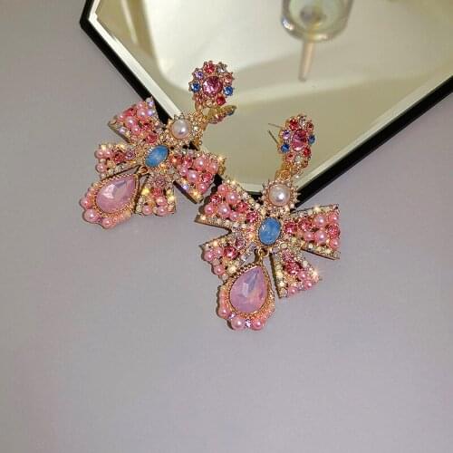 Origin Summer Luxury Full Rhinestones Butterfly Flower Pendant Earring for Women Pink Pearls Bowknot Drop Earrings Party Jewelry