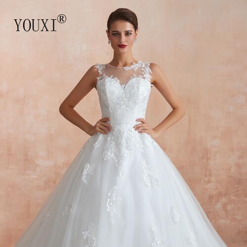 YOUXI Wedding Dress 2019 Ball Gowns Appliqued Lace Boat Sheer Neck Weding Gowns Bride Robe de Mariee