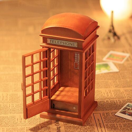 Vintage wooden red telephone booth music box gifts for girls, creative gifts, home decor