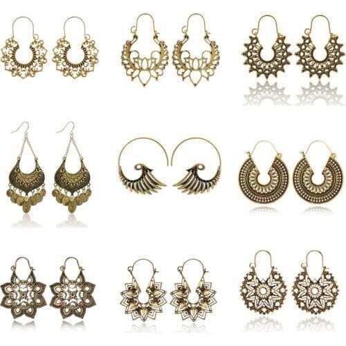 Docona 11style Vintage Gold Silver Color Hollow Geometric Drop Dangle Earring for Women Girl Flower Wing Hook Earrings Brincos