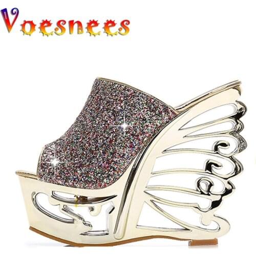Voesnees 2021 Wedge Slipper Women High-heeled Slippers Summer Wear Gold Silver Sexy Party 15 cm Strange Style Womens Shoes