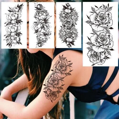 Painting Peony Flowers Temporary Tattoo For Women Large Camellia Fake Tattoos Sticker Mandala Henna Bloosom Jasmine Tatoos Thigh