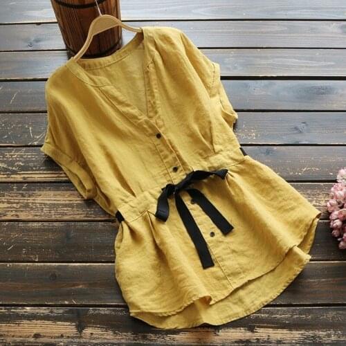 Cotton 100% Women Shirts Summer Vintage Design 2021 V-Neck Slim Bow Belt Slim Solid Female Outwear Tops