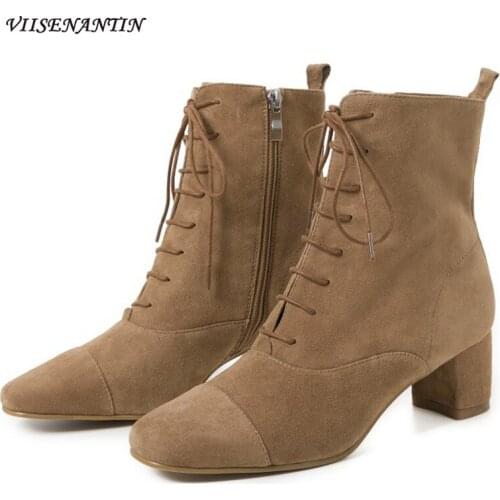 Womens New Autumn and Winter Pure Color Round Head Full Leather Thick Mid-heel Cross-lace Diagonal Zipper Casual Martin Boots