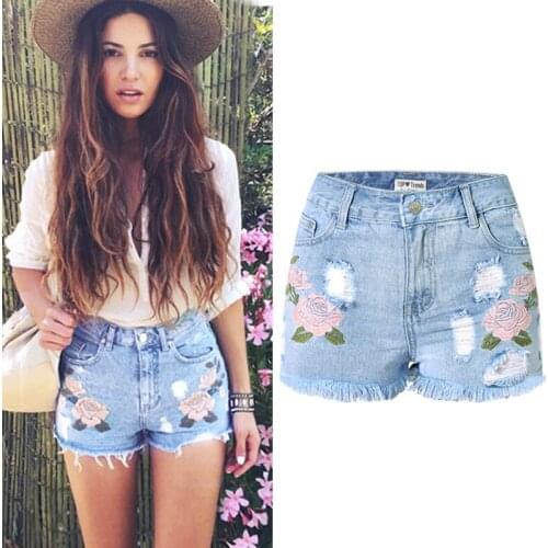 Embroidery Flower Shorts Women High Waist Harajuku Design Ulzzang Tassel Ripped Jeans Short Denim Trousers Distressed Plus Size