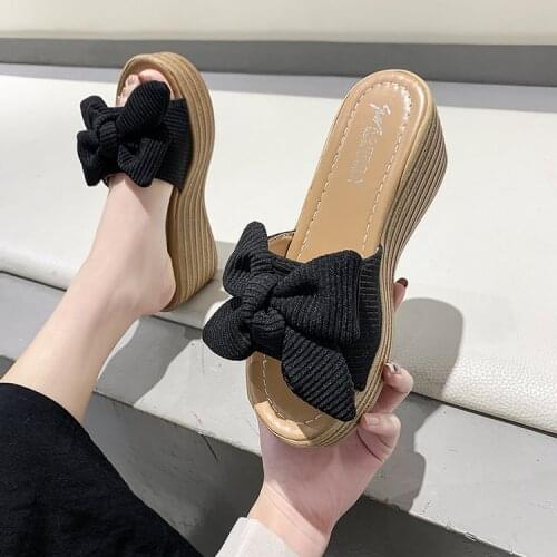 2021 New Summer 7cm Platform Wedge Slippers Women Shoes Butterfly-knot Clog Fabric Bow Mules Flip Flop Light Slides