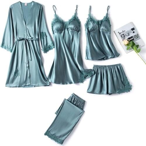 2021 New Green 5PCS Ladies Pajamas Suit Spring Summer Faux Silk Bathrobe Gown Sexy V-Neck Sleepwear Lace Trim Intimate Home Wear