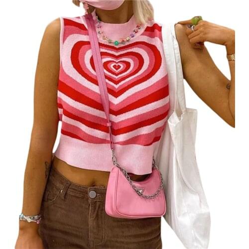 Xingqing Heart Pattern Knitting Summer Crop Top Y2K Clothes Stretch Tank Top Women Vest Short Tops Festival Sleeveless Shirt