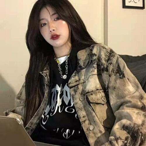 Women coat Grey tie dyeing destroys denim coat womens 2021 spring and autumn washed loose top Women jacket