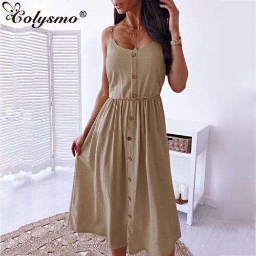 Colysmo Pink Midi Dress Single Breasted Spaghetti Strap Solid Color Casual Long Dress robe femme Summer Dress for Women 2021