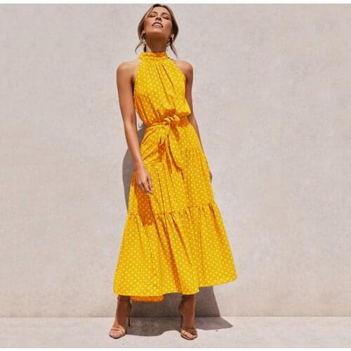 2021 Summer Long Dress Casual Polka Dot Printed Halter Tie Dresses Sexy Halter Strapless Sundress Vacation Clothes