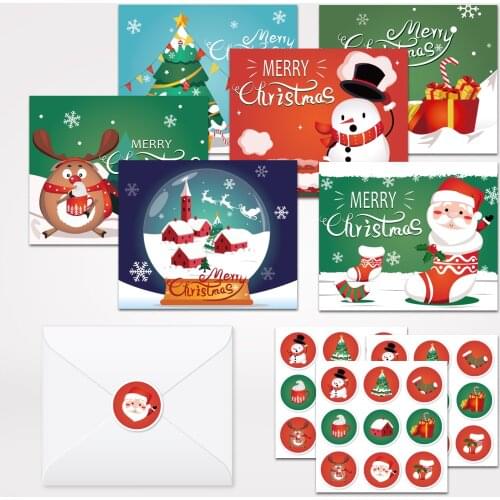 52pcs Happy Christmas Party Xmas Tree Snowman Theme Kraft Gift Cards New Year Gifts Snow Greeting Cards Envelopes Stickers