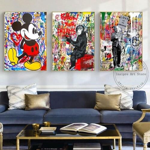 Banksy Graffiti Art Mickey Mouse Monkey Street Art Canvas Painting Poster and Print Disney Wall Art Picture for Living Room