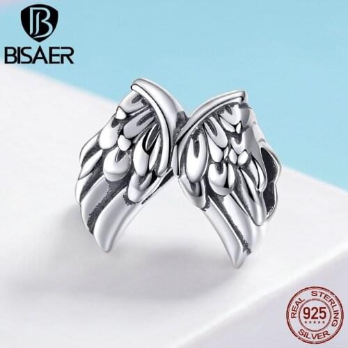 BISAER Hot Sale 925 Sterling Silver Vintage Feathers Charms Wings Beads fit for Women Bracelets DIY Jewelry Making ECC1091