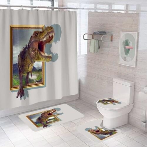 Bathroom Decor Dinosaur Waterproof Shower Curtain with 12 Hooks Set Toilet Seat Cover Non-Slip Bath Mat Rug Polyester Washable