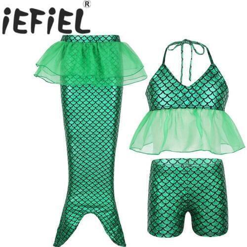 Kids Girls Little Mermaid Swimwear Costume Set Shiny Ruffled Halter Tops with Shorts Mermaid Tail Bikini Swimsuit Bathing Suit