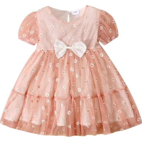 Kids Baby Dress 2021 Summer Newest Sweet Puff Sleeve Little Daisy Bow Mesh A-line Party Wedding Princess Dress Baby Girl Clothes