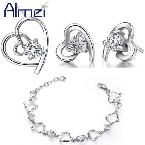 Almei African Beads Necklace Bracelet Set Bridal Jewelry Sets Silver Color Wedding Love Heart Crystal Women Luxury Earring T158