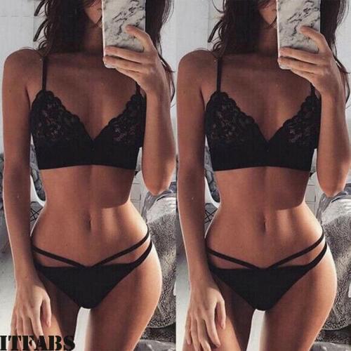 Women Sexy Lace Floral Bralette Bra Brief Sets Crop Top Sheer Mesh Triangle Bustier Soft Unpadded Underwear 2pcs