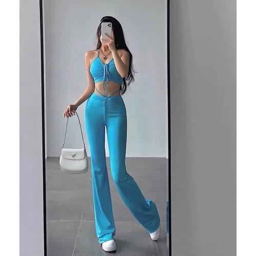 Summer Birthday Outfit 2 Piece Set Women Skirt And Top Draw String Spaghetti Strap Top High Waisted Flare Pants Streetwear