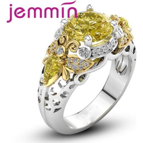 Best Selling New Trendy Accessories Wedding 925 Sterling Silver Bee Shape Jewelry Yellow CZ Fashion Crystal Ring Size 6-10