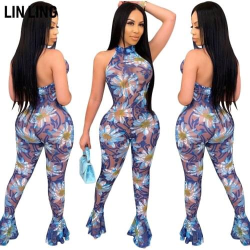 LINLING Summer Open Back Sleeveless Halter Flower Print Perspective Jumpsuit Mature Women Sheath Flared Pants
