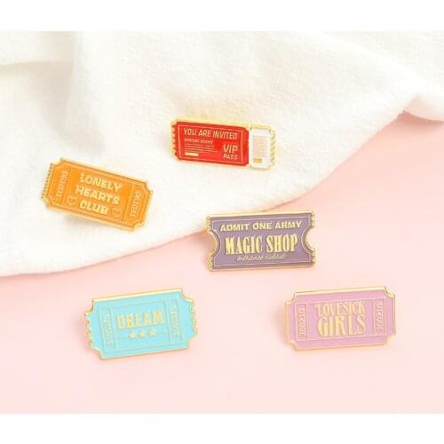 Cute Tickets Enamel Pins Dream Admit One Pass Brooch Lapel Pin Badge Bag Custom Cartoon Jewelry Gifts for Kids Friends Wholesale