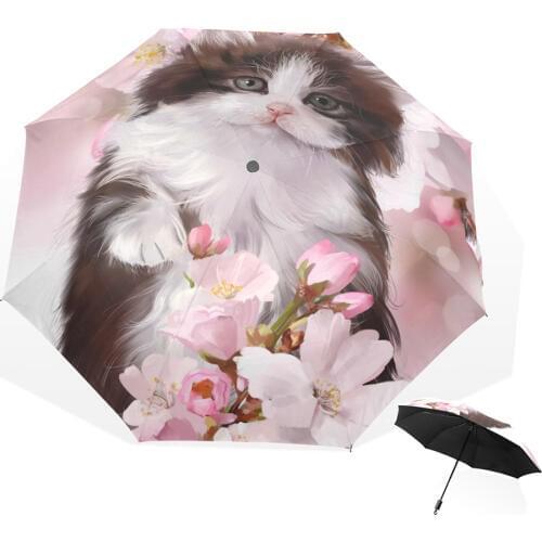 Cartoon Cat Non-automatic Umbrella Rain Women Black Coating Sunny Folding Umbrellas Female Umbrellas parapluie paraguas plegable