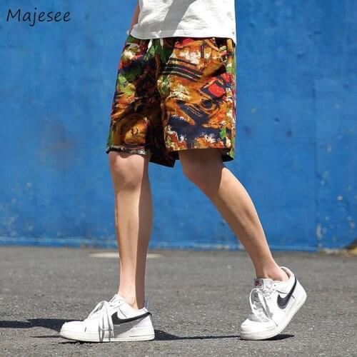 Men Board Shorts Loose Casual Chic Harajuku Retro Print Beach Streetwear Fashion Oversize Drawstring Leisure Running M-5XL Male