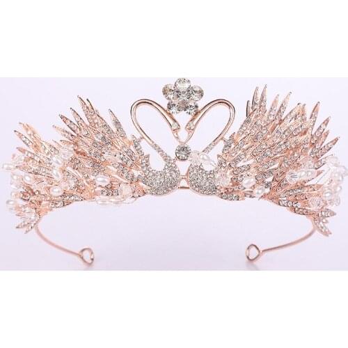 New Diadema Swan Handmade Rhinestone Pearl Crown Bride Crown Princess Birthday Crown Wedding Jewelry Batch in Europe and America