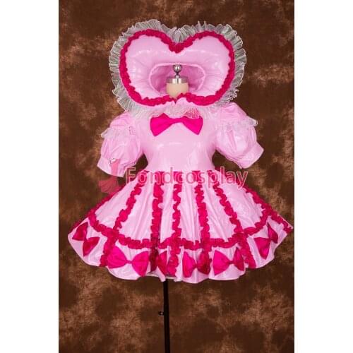 Sexy Lockable Pink Heart Type Hat PVC Sissy Maid Short Dress Cosplay Costume Uniform[P005]