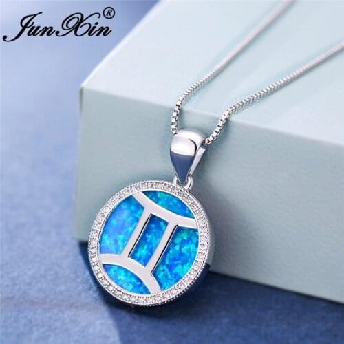Constellation Gemini Pendant Necklaces For Women Round Blue White Fire Opal Necklace White Gold Wedding Choker Valentine Jewelry