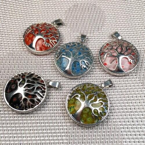 Round Lampwork Flower Glazed Glass Pendant Fashion Tree of Life Pendants Charms For Jewelry Making DIY Necklace Size 28x30mm
