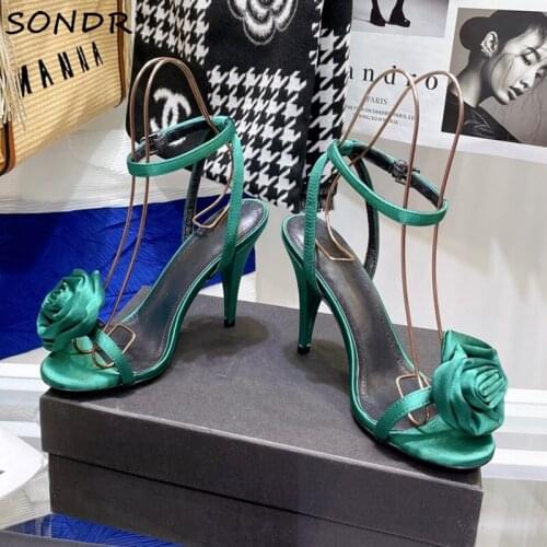 Fashion Ankle Strap Flower Sandals Women 2021 Real Leather High Heels Gladiator Sandals Brand Designer Summer Ladies Party Shoes