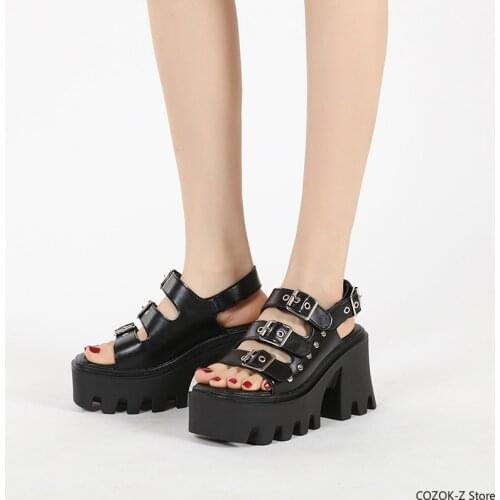 New Arrival Summer Women Platform Sandals Thick Bottom Ankle Strap Sandals High Heels Open Toe Black Gothic Shoes