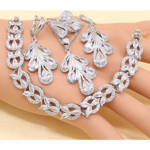 XUTAAYI Silver Jewelry Sets For Women White Semi-precious Earrings Bracelet Rings Necklace Pendant Bridal Wedding Jewelry