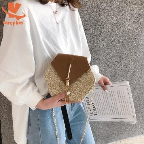 CAREY KEY Women Summer Straw Bag Leather Rattan Fashion Hexagon Handbag Woven Beach Circle Bohemia Shoulder Bag