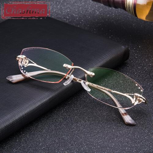 Diamond Glasses Frame for Women Titanium Glasses Frame Female Eyeglasses Fashion Tint Lenses with Rhinestone Rimless Frames