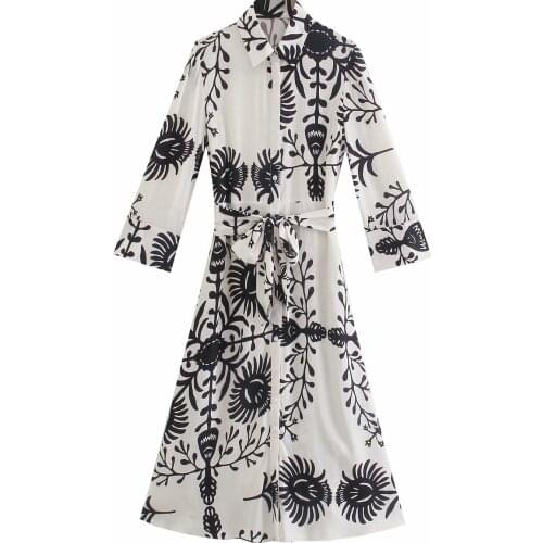 New Vintage Women Printed Shirt Dress with belt Long Sleeves Chic Lady Vogue Button-up Midi Dresses Woman Robe