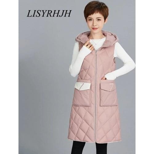 LISYRHJH Winter Waistcoat Female Sleeveless Hooded Long Vest Jacket Two Sides Wear Warm Autumn Winter Cotton Vest Women Coat